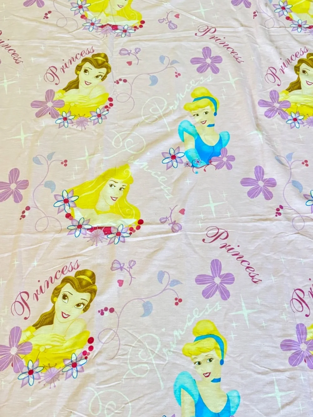 VINTAGE Disney Princess Bell Cinderella Aurora Pink Flat Sheet Twin Pink 1990's